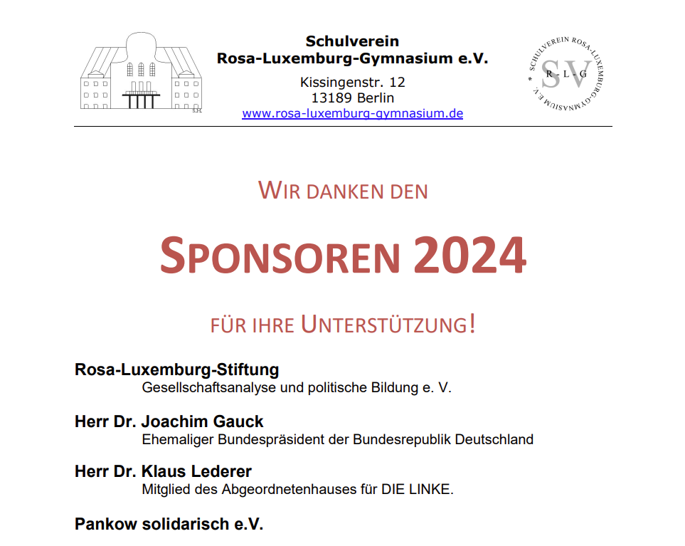 Auf dem Bild wird den Sponsoren der Rosa-Luxemburg-Preise im Jahr 2024 gedankt.